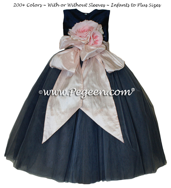 Navy and Shell Pink silk and tulle  flower girl dress