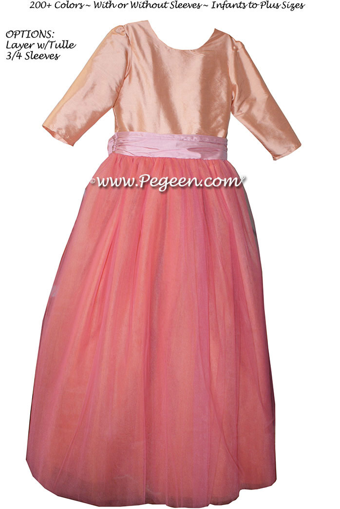 Pegeen's Lotus Pink, Nectar and orange shades of silk and Tulle Degas Style FLOWER GIRL DRESSES with 10 layers of tulle