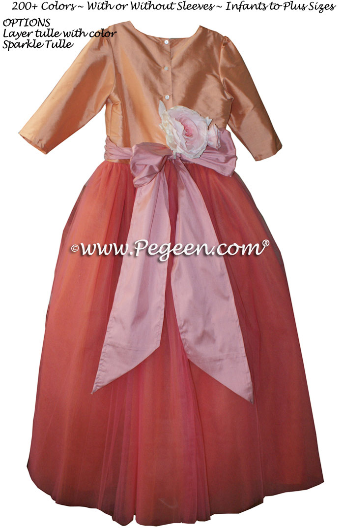 Pegeen's Nectar and woodrose and orange shades of silk and Tulle Degas Style FLOWER GIRL DRESSES with 10 layers of tulle