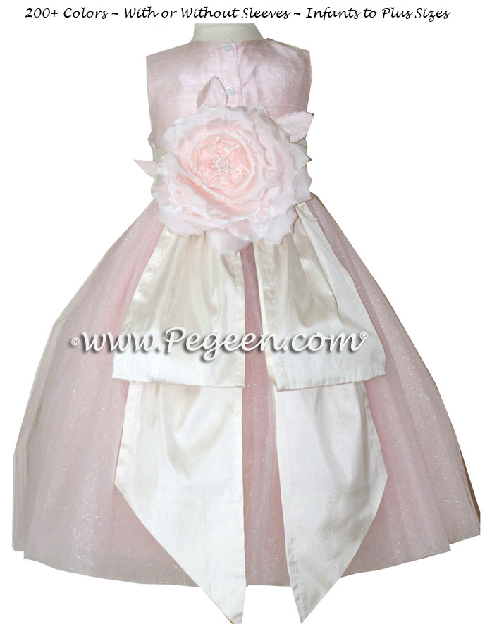 Pegeen's BALLET PINK AND NEW IVORY SILK, Crystal Tulle FLOWER GIRL DRESS with 10 layers of tulle and Heaven Silk Rose