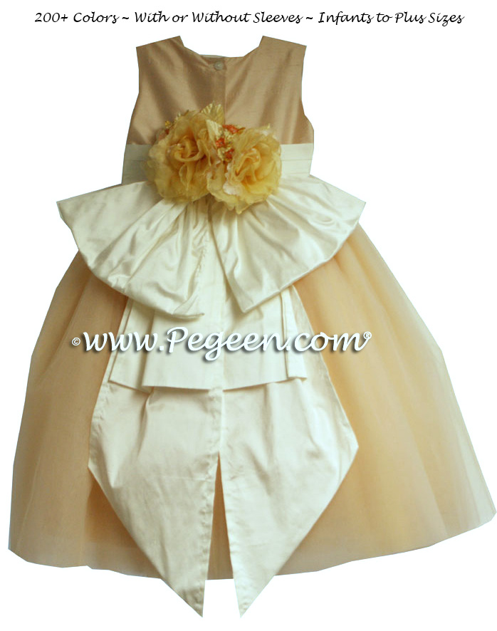 Pegeen's peach and bisque (ivory) Tulle FLOWER GIRL DRESSES with 10 layers of tulle