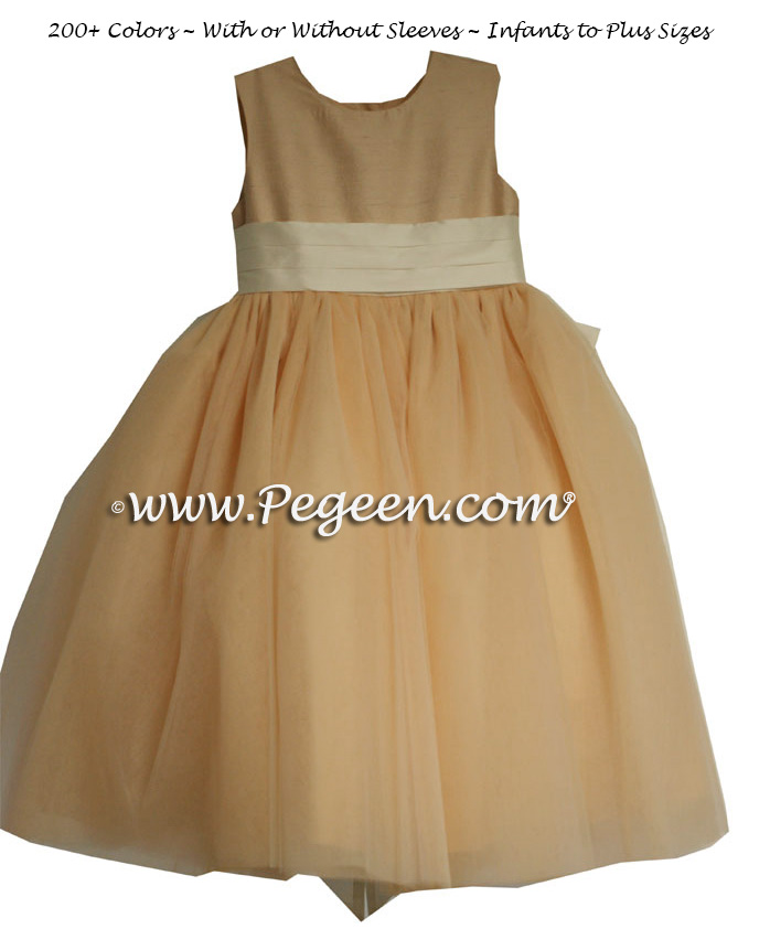 Pegeen's peach and bisque (ivory) Tulle FLOWER GIRL DRESSES with 10 layers of tulle