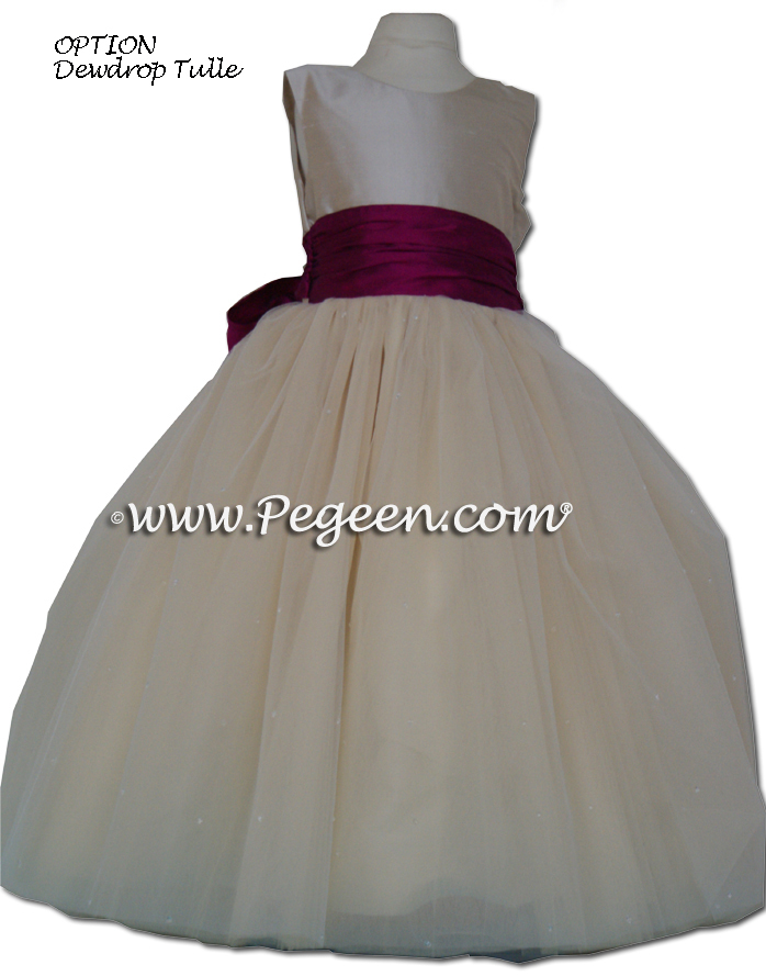 Couture Flower Girl Dress Style 402 in Flamingo pink and creme | Pegeen