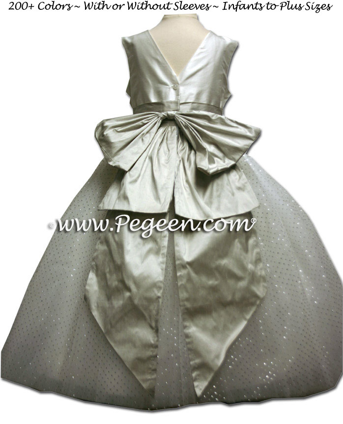 silver metallic ballerina style FLOWER GIRL DRESSES with layers and layers of tulle
