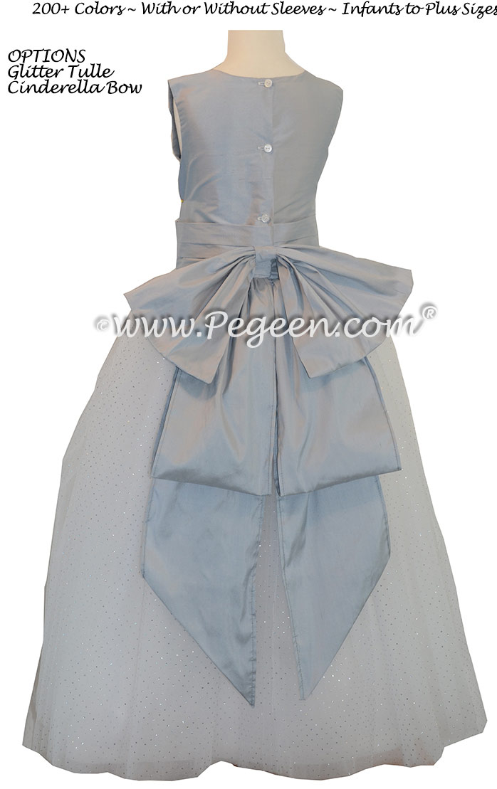 Powder blue and antique white silk silk ballerina style FLOWER GIRL DRESSES with layers and layers of tulle