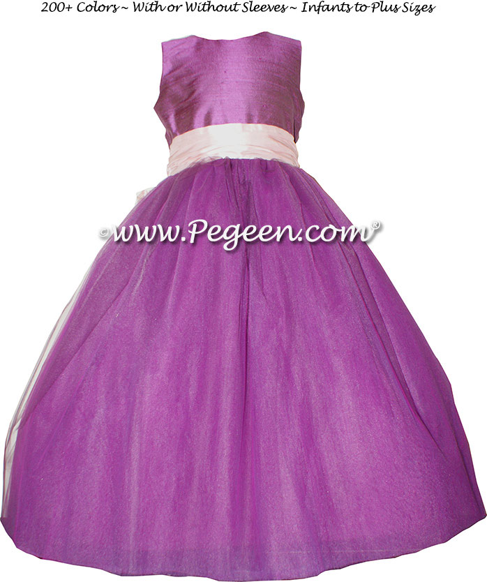 Radiant Orchid and Petal Pink ballerina style Flower Girl Dresses with Deep Plum Sash