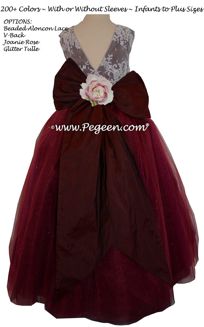 Pegeen's Ruby Red silk and glitter Tulle FLOWER GIRL DRESSES with 10 layers of tulle