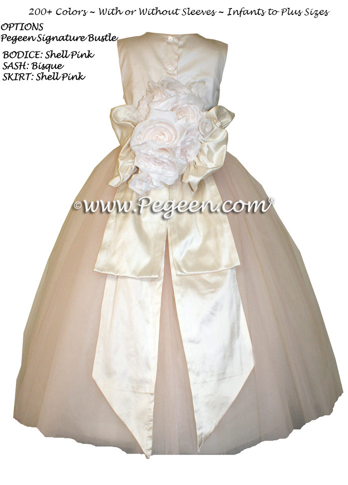 Shell Pink and White Tulle  metallic ballerina style FLOWER GIRL DRESSES with layers and layers of tulle
