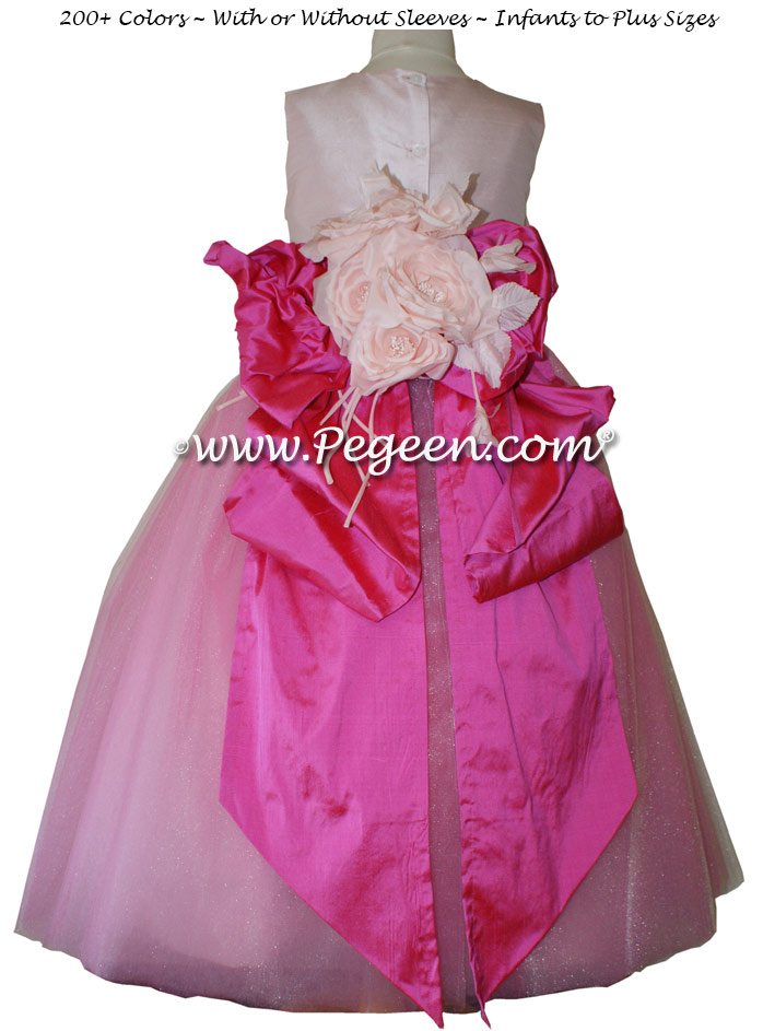 Shock (Hot Pink) and Peony Pink ballerina style FLOWER GIRL DRESSES with layers and layers of tulle