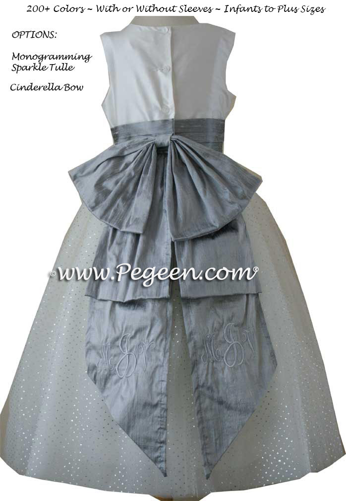 Gray and white silk monogrammed flower girl dresses in silk