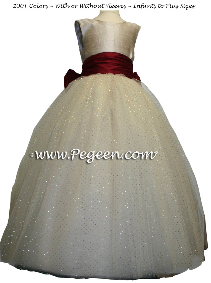 Claret Red and Gold ballerina style FLOWER GIRL DRESSES with layers and layers of tulle
