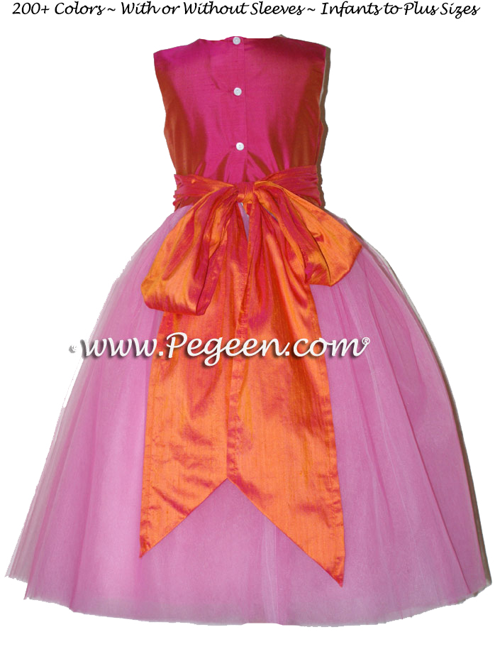 Sorbet pink and mango orange ballerina style FLOWER GIRL DRESSES with layers and layers of tulle