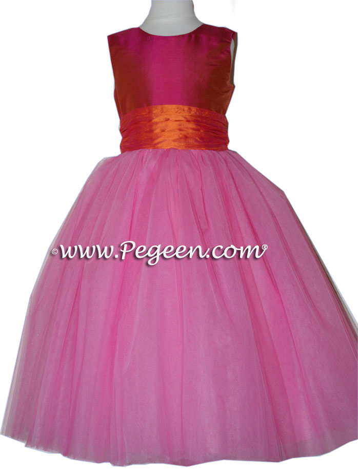 Sorbet pink and mango orange ballerina style FLOWER GIRL DRESSES with layers and layers of tulle