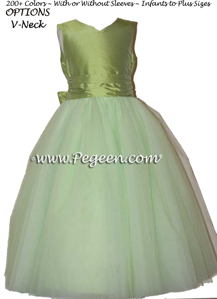 ballerina style flower girl dress with layers of tulle in sprite green and silk