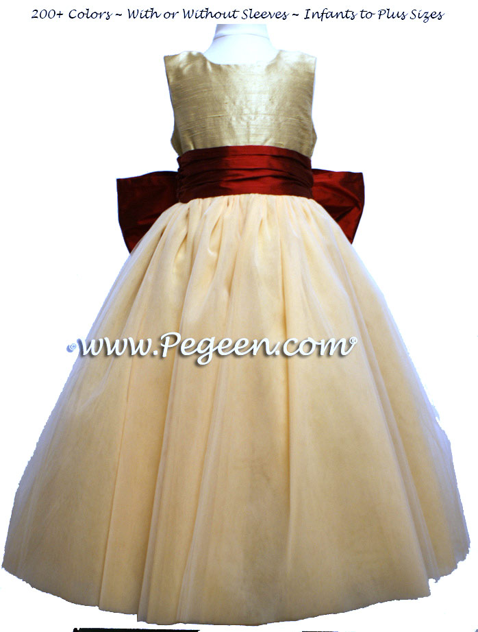 Flower Girl Dress in Claret Red and Spun Gold Couture Style 402 Holiday | Pegeen