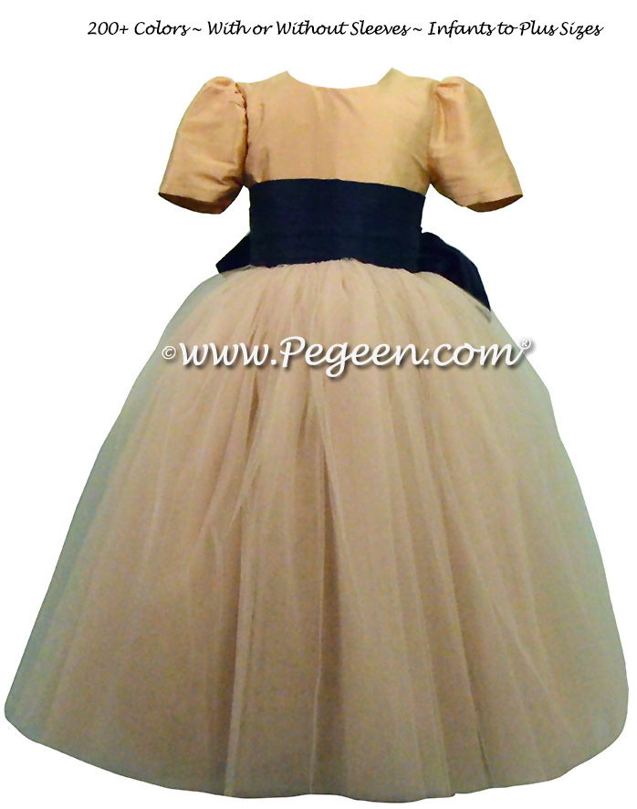 Pegeen's Navy Blue and Spun Gold and champagne shades of silk and Tulle Degas Style FLOWER GIRL DRESSES with 10 layers of tulle