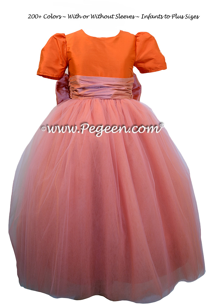 Carrot Orange and Coral Rose ballerina style FLOWER GIRL DRESSES with layers and layers of tulle