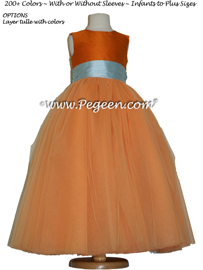 Silk Flower Girl Dress in Tangerine Orange and Spa Style 402 | Pegeen