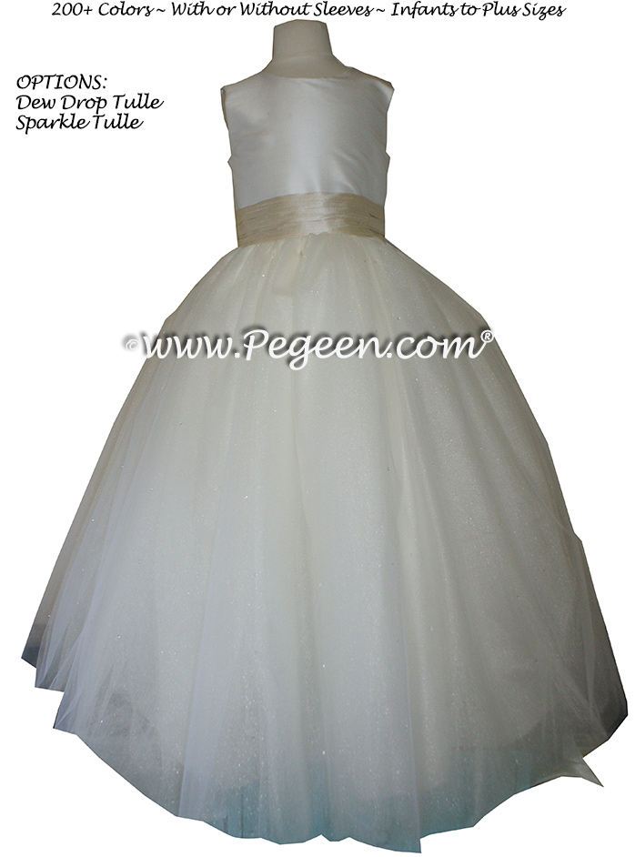 Bisque (creme) and Tawny Gold Silk and  Tulle ballerina style FLOWER GIRL DRESSES with layers and layers of tulle
