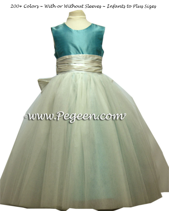TIFFANY BLUE AND ANTIQUE WHITE ballerina style FLOWER GIRL DRESSES with layers and layers of tulle