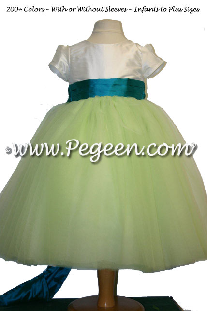 Summer green tulle and tropic silk sash with cap sleeves flower girl dresses