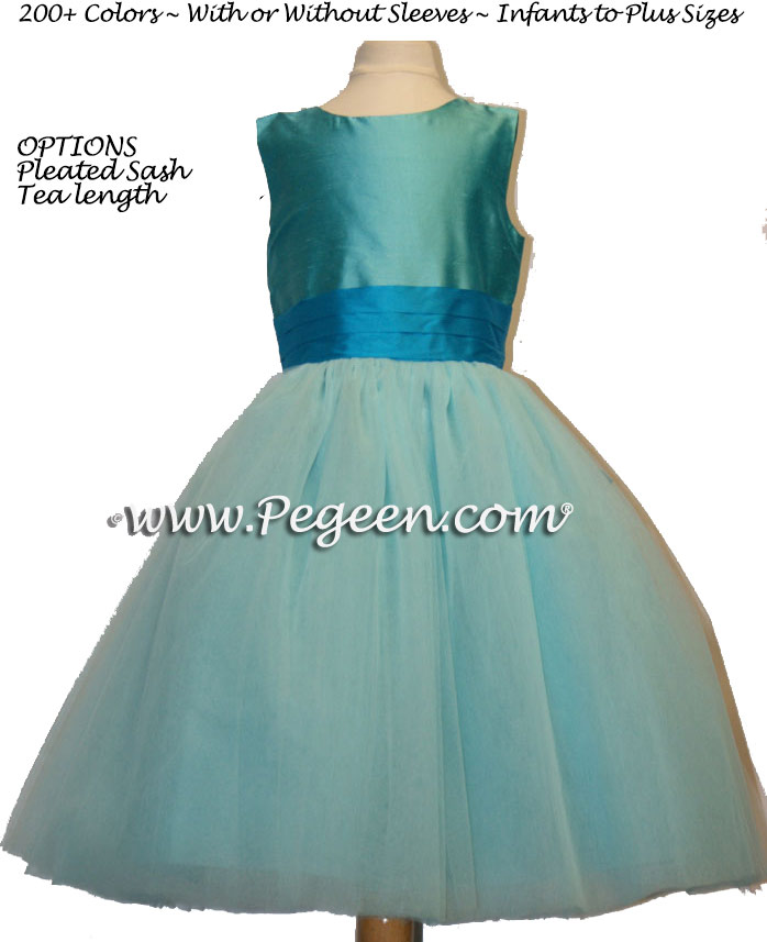 Turquoise blue and oceanic (teal) ballerina style FLOWER GIRL DRESSES with layers and layers of tulle