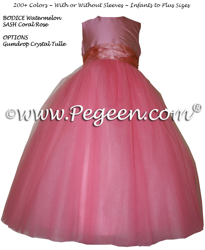 Watermelon and Coral Rose tulle flower girl dresses