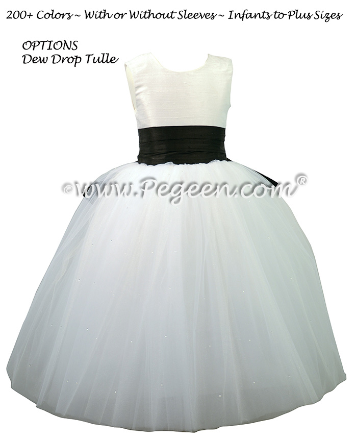 Flower Girl Dress with a Cinderella Bow in White and Black Silk and Tulle | Pegeen