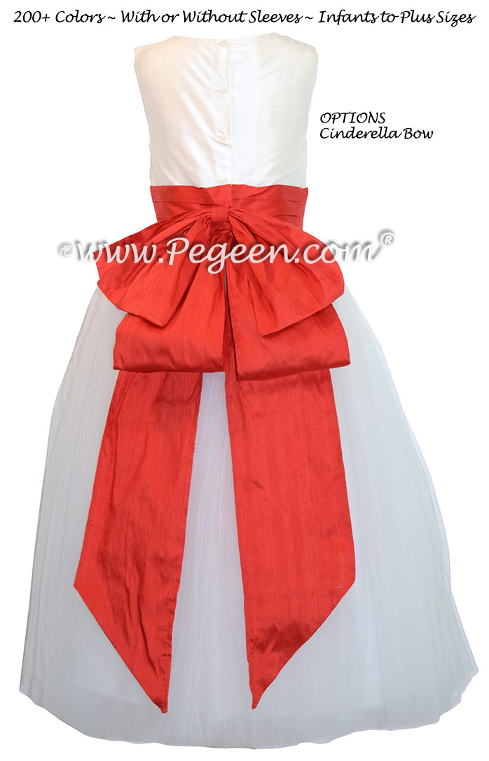 Flower Girl Dress in White and Tomato Red Silk with Cinderella Bow | Pegeen