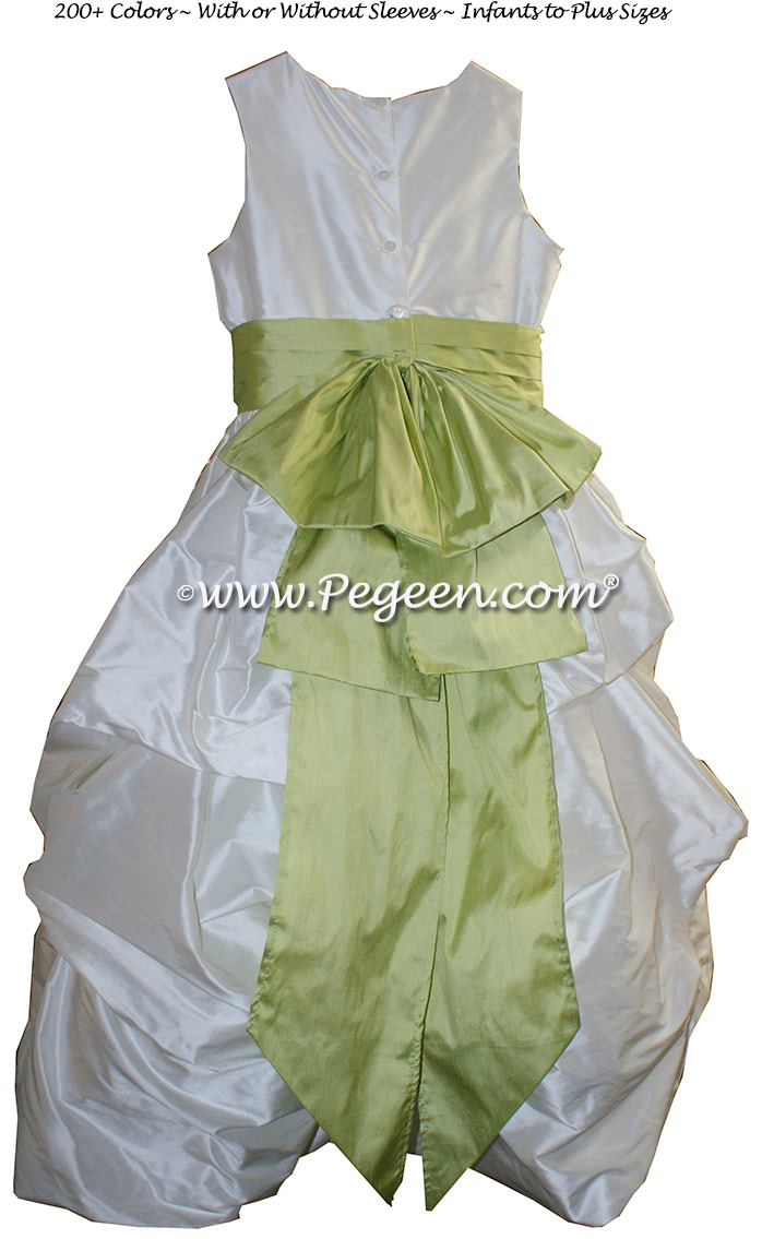 Antique White and Citrus Green flower girl dresses in silk Puddle flower girl dresses Style 403