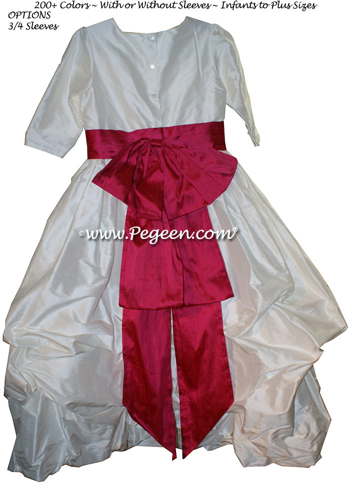 Antique White and Lipstick Pink flower girl dresses in silk Puddle flower girl dresses Style 403