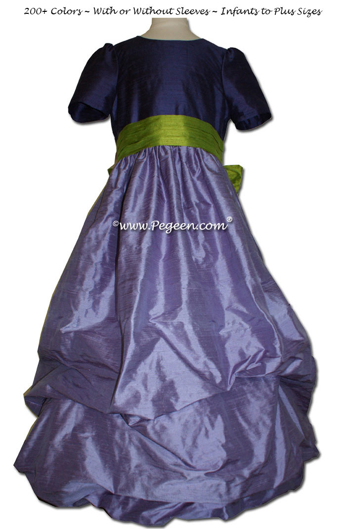Periwinkle, grape and grass green flower girl dresses Style 403
