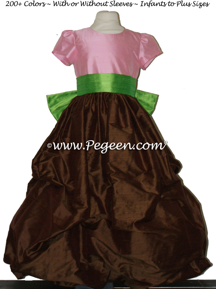 Pink, green and brown silk monogrammed Puddle style flower girl dresses in silk Style 403
