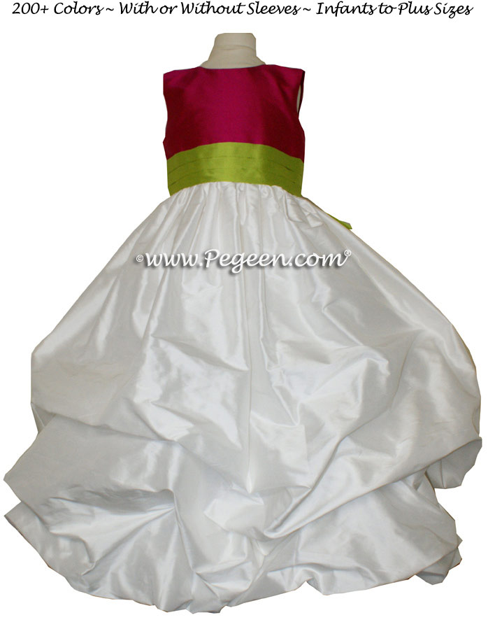 RASPBERRY, ANTIQUE WHITE AND GRASS GREEN FLOWER GIRL DRESS Style 403