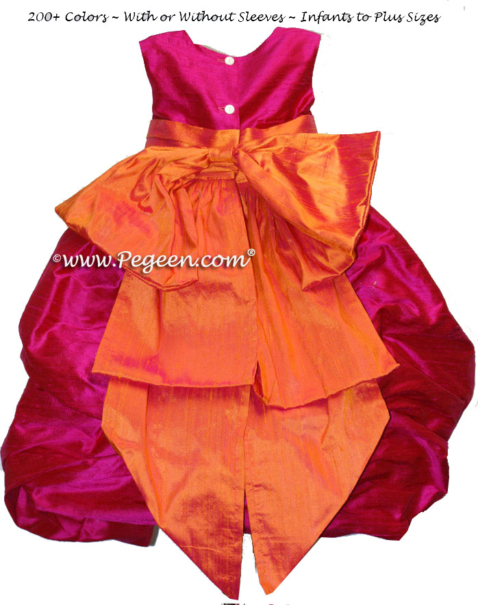 Mango Orange and Raspberry Pink Silk Puddle flower girl dresses Style 403
