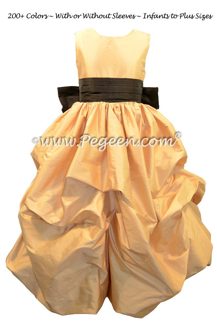 Flower Girl Dresses in Spun Gold and Black Silk - Puddle Dress | Pegeen 