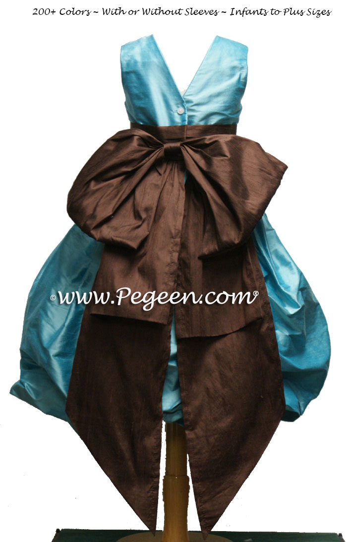 Tiffany Blue and Chocolate Brown Silk Puddle flower girl dresses Style 403