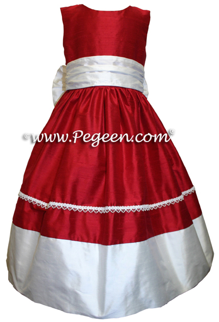 Red silk flower girl dresses in silk with pearl braid trim