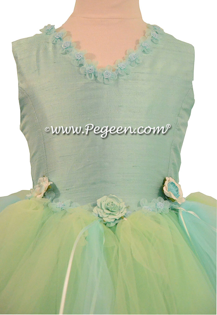 Aqualine, Mint Tulle and Silk flower girl dress fro Pegeen Couture - Style 406