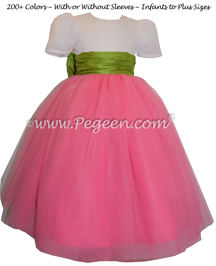Ballerina style flower girl dress with apple green sash and shock pink layers of tulle