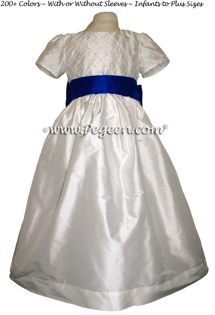 Antique White and Blue Indigo silk flower girl dress Style 409