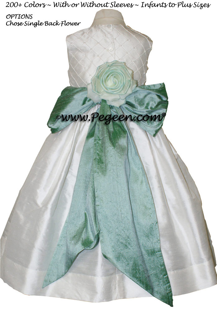 GREEN-BLUE AND ANTIQUE WHITE CUSTOM FLOWER GIRL DRESSES with pin tuck silk bodice