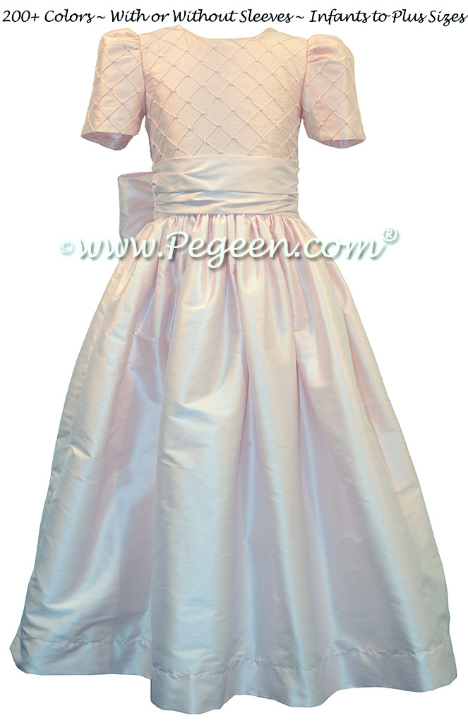 Flower Girl Dress with Trellis and Pearled Bodice in Pink Silk | Pegeen Flower Girl Dress with Trellis and Pearled Bodice in Pink Silk | Pegeen