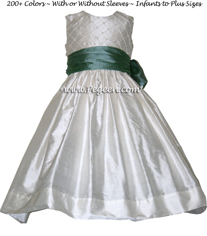 GREEN-BLUE AND ANTIQUE WHITE CUSTOM FLOWER GIRL DRESSES with pin tuck silk bodice