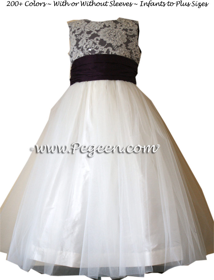 1000 NIGHTS (DEEP PURPLE) AND NEW IVORY ALONCON LACE CUSTOM FLOWER GIRL DRESSES WITH TULLE