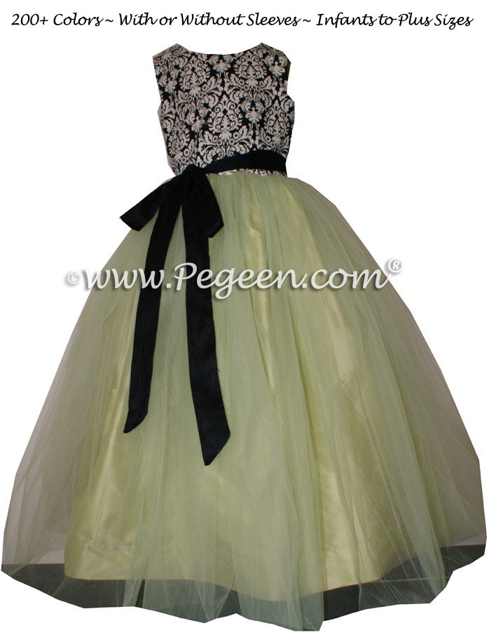 BLACK AND WHITE DAMASK WITH CITRUS  CUSTOM FLOWER GIRL DRESSES WITH TULLE