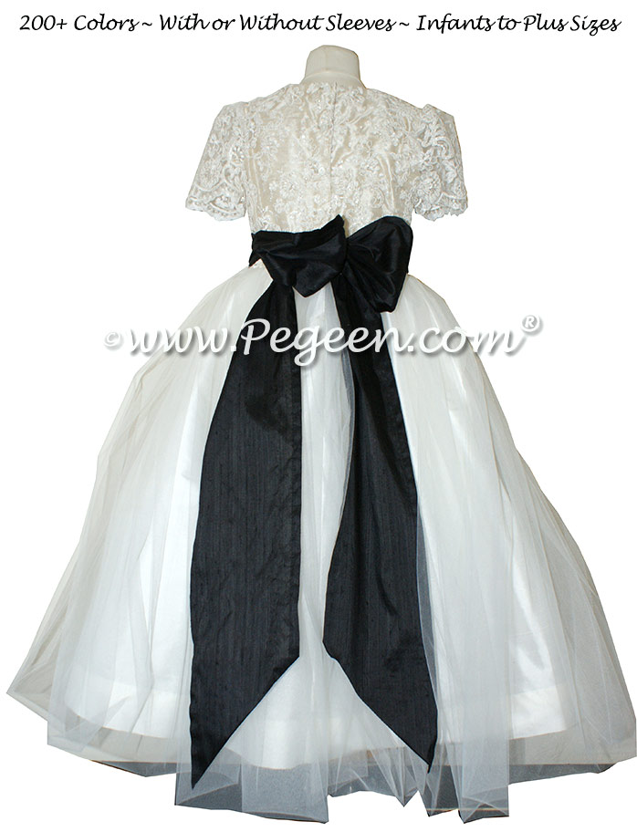 FLOWER GIRL DRESSES with Black and Wheat with Aloncon Lace