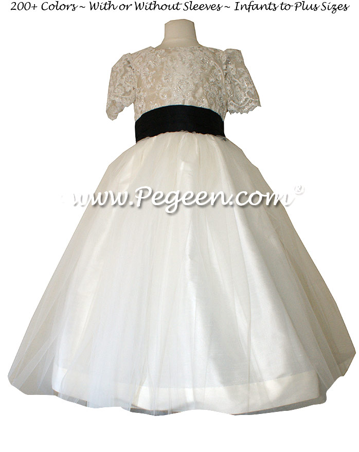 FLOWER GIRL DRESSES with Black and Wheat with Aloncon Lace