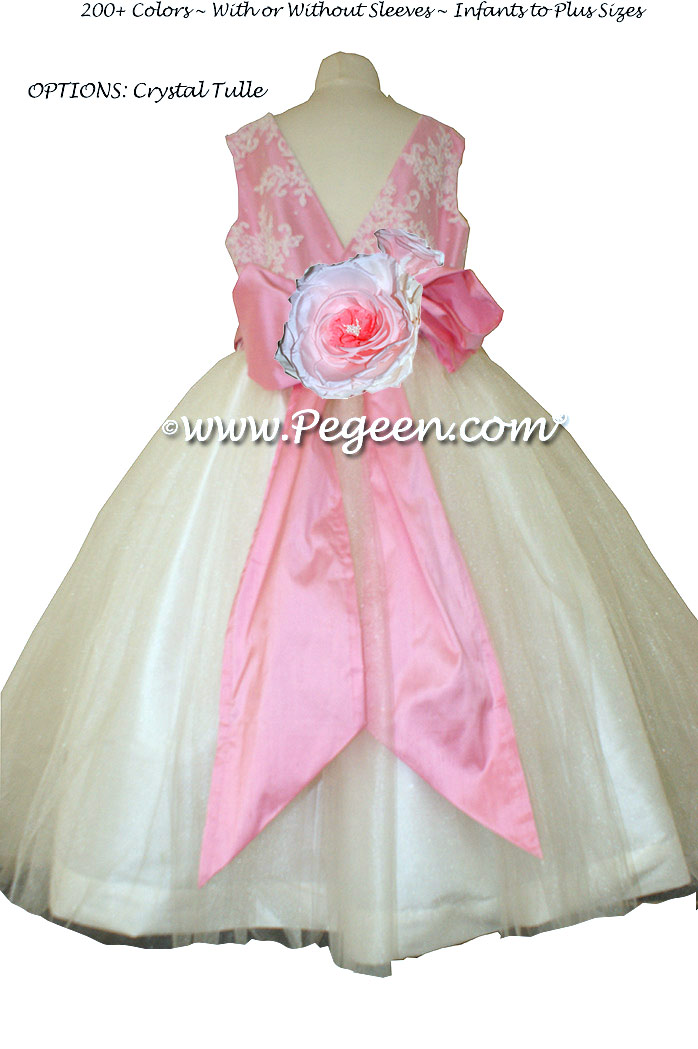 Flower Girl Dress with Tulle and Beaded Aloncon Lace in White and Bubblegum Pink | Pegeen