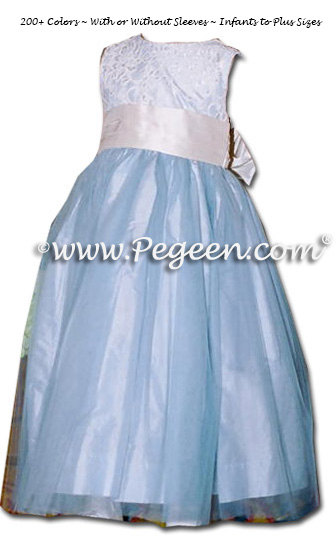 Flower Girl Dress in Cloud Blue Silk and Aloncon Lace | Pegeen